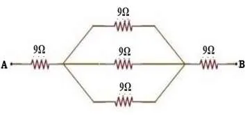 Circuito com cinco resistores de 9 ohms entre os pontos A e B
