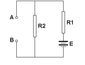 Circuito com os terminais A e B à esquerda, um resistor R2 no ramo central e, no ramo da direita, o resistor R1 em série com a fonte E, todos ligados aos mesmos dois fios horizontais