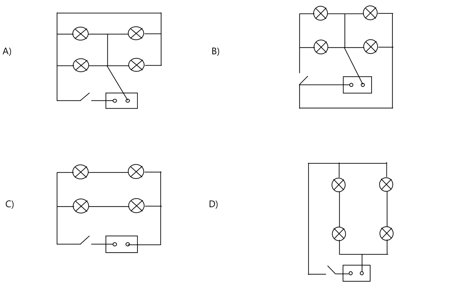Quatro esquemas, A, B, C e D, de circuitos com quatro lâmpadas, um interruptor e a fonte