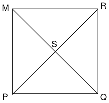 Quadrado com vértices M (superior esquerdo), R (superior direito), P (inferior esquerdo) e Q (inferior direito), duas diagonais que se cruzam no ponto S