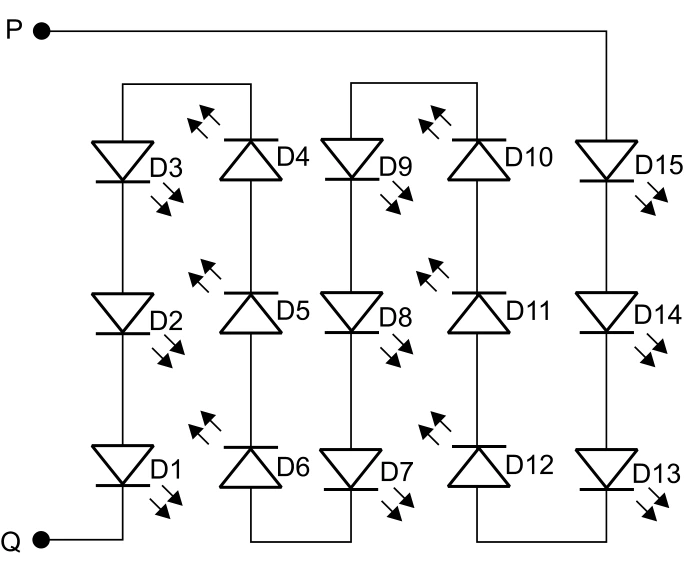 Quinze LEDs conectados em série em um único percurso em zigue-zague entre P e Q.