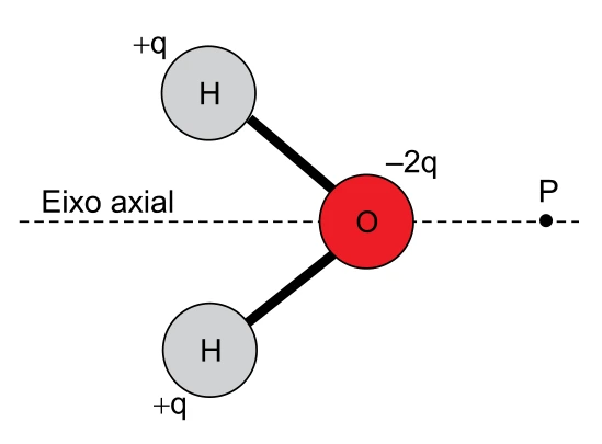 Modelo da água: dois hidrogênios com carga +q à esquerda, oxigênio com carga −2q no eixo e ponto P à direita.