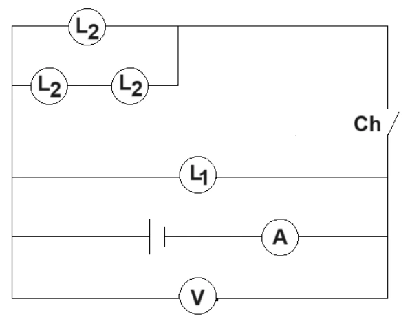 Gerador ideal e L1 permanentemente conectados; chave insere uma L2 em paralelo com duas L2 em série.