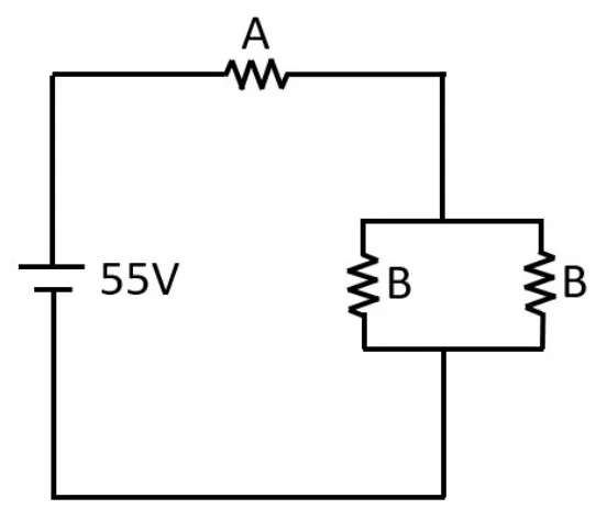 Circuito com fonte de 55 V em série com o resistor A e, em seguida, dois resistores B em paralelo.