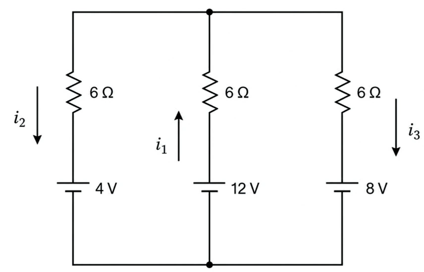 Três ramos em paralelo, cada um com resistor de 6 ohms e fontes de 4, 12 e 8 volts; correntes i2 e i3 para baixo e i1 para cima.