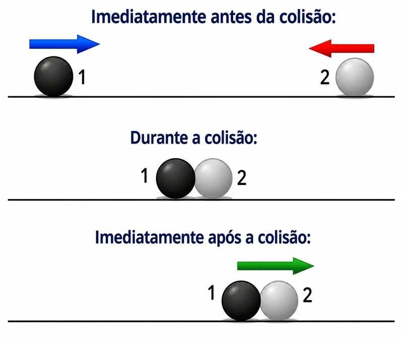 Sequência da colisão: corpo 1 se move para a direita e corpo 2 para a esquerda antes do choque; ambos ficam juntos durante e após, deslocando-se para a direita
