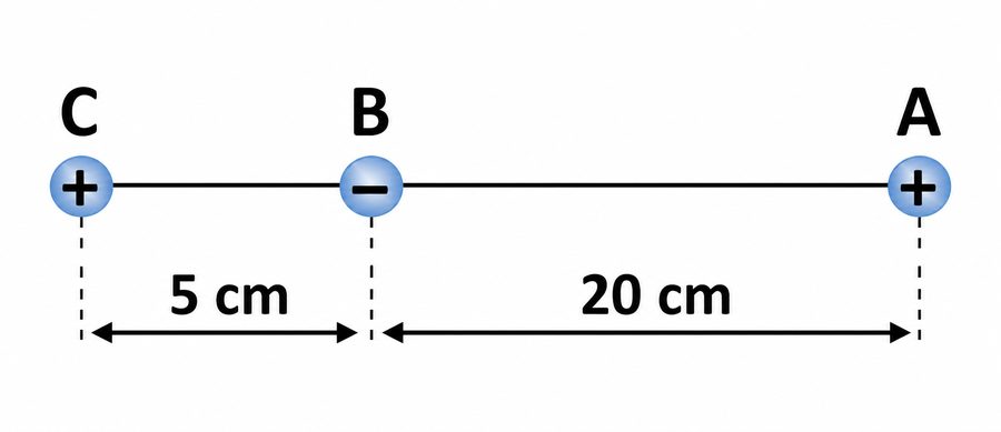 Cargas C (positiva), B (negativa) e A (positiva) alinhadas, com 5 cm entre C e B, e 20 cm entre B e A
