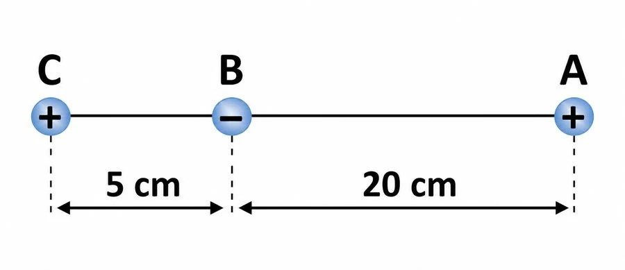 Cargas C (positiva), B (negativa) e A (positiva) alinhadas, com 5 cm entre C e B, e 20 cm entre B e A