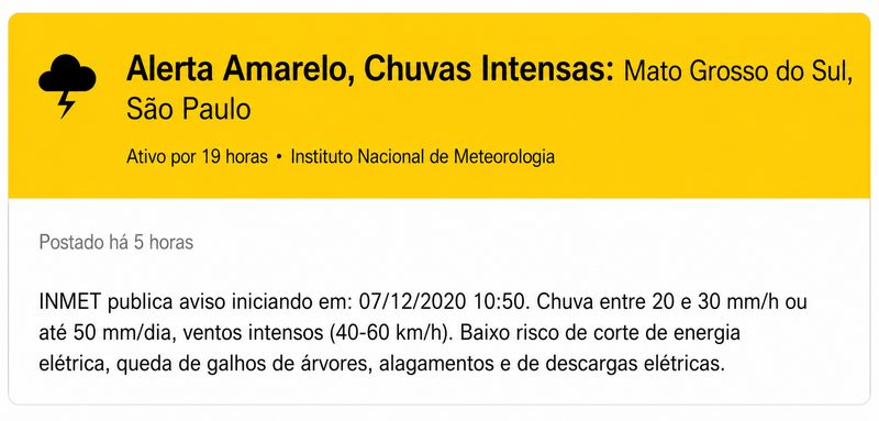 Alerta amarelo de chuvas intensas para Mato Grosso do Sul e São Paulo, emitido pelo Instituto Nacional de Meteorologia