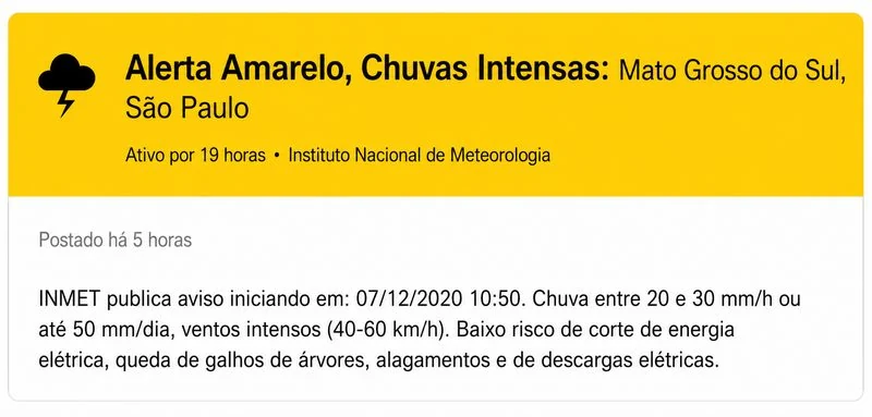 Alerta amarelo de chuvas intensas para Mato Grosso do Sul e São Paulo, emitido pelo Instituto Nacional de Meteorologia