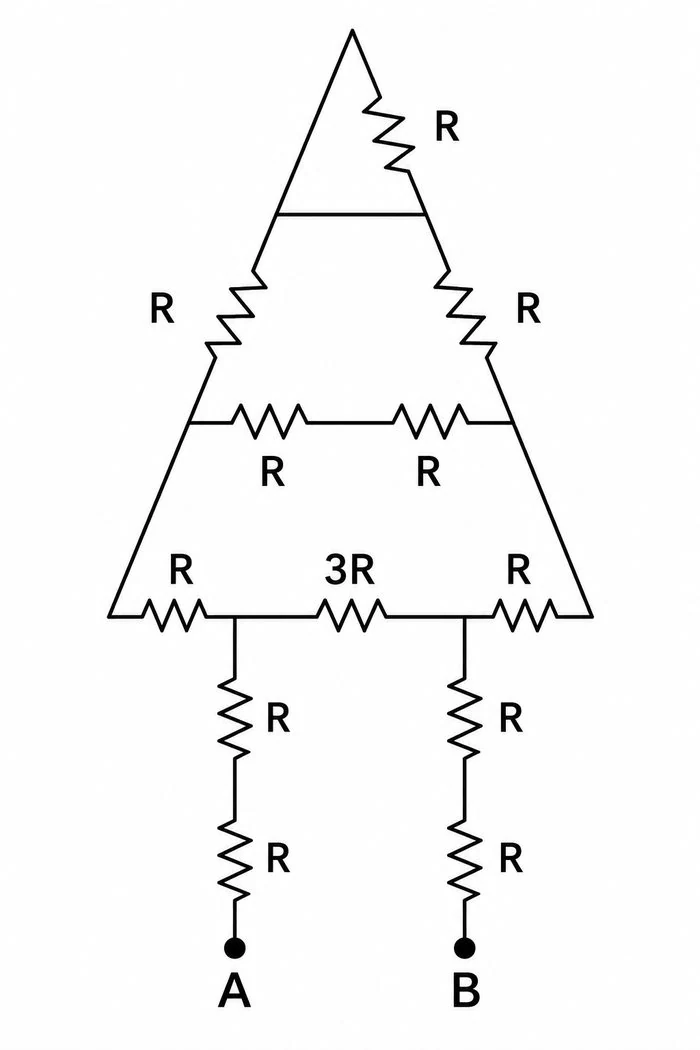 Rede simétrica de resistores R convergindo para dois ramos que terminam nos pontos A e B, com um resistor 3R na malha central