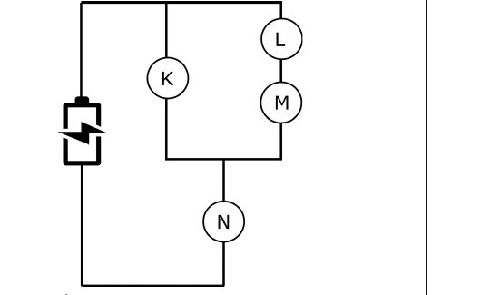 Circuito com a lâmpada N em série com o paralelo entre K e o ramo série L-M