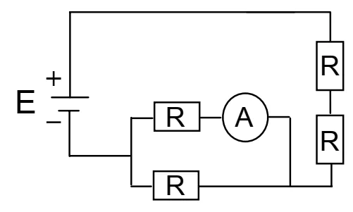 Circuito da alternativa A: amperímetro em série com um dos resistores do par em paralelo