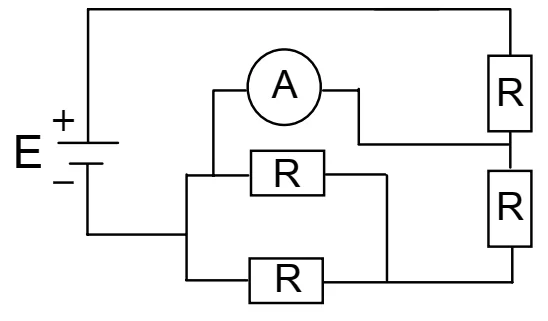 Circuito da alternativa C: amperímetro em paralelo com o par de resistores em paralelo