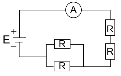 Circuito da alternativa E: amperímetro em série com todo o circuito