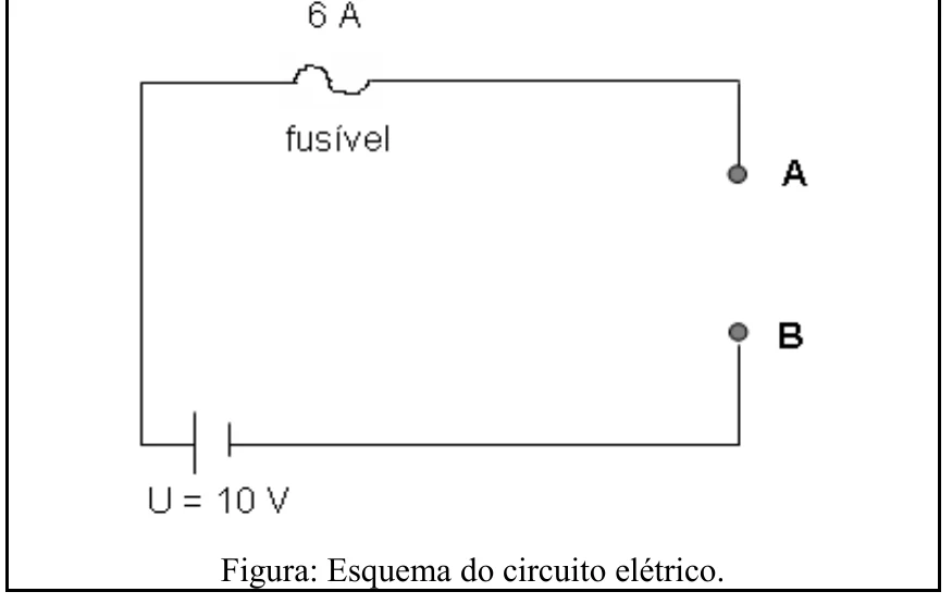 Circuito com fonte de 10 V, fusível de 6 A e terminais A e B