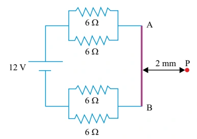 Circuito com dois pares de resistores de 6 ohms em paralelo, associados em série à bateria de 12 V; ponto P a 2 mm do fio AB.