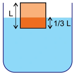 Cubo de lado L flutua com um terço de sua altura submerso na água.