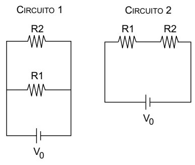 Circuito 1 com lâmpadas em paralelo; circuito 2 com lâmpadas em série; ambos ligados à tensão V0.