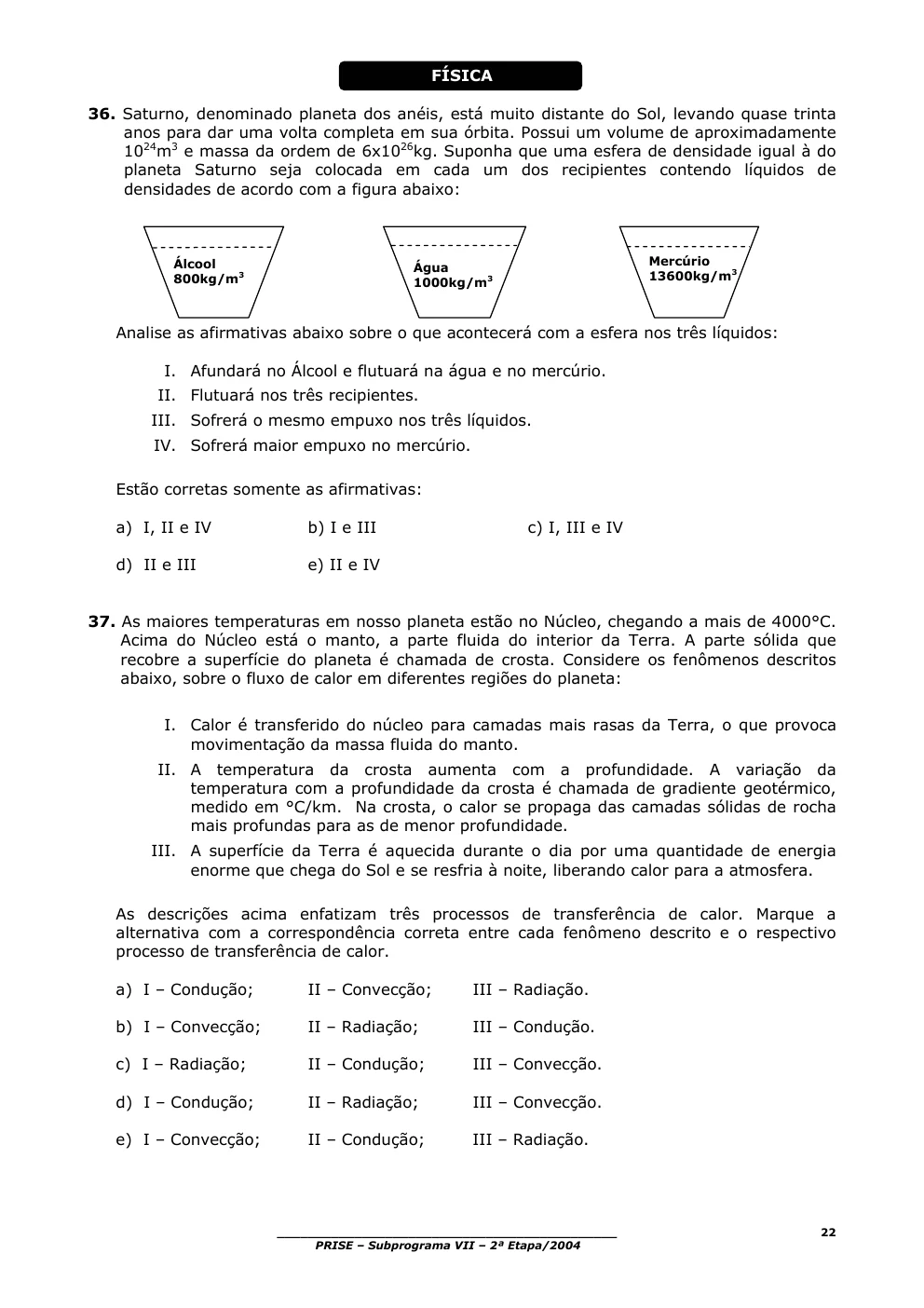 Página original 22 do PRISE VII, questões 36 e 37