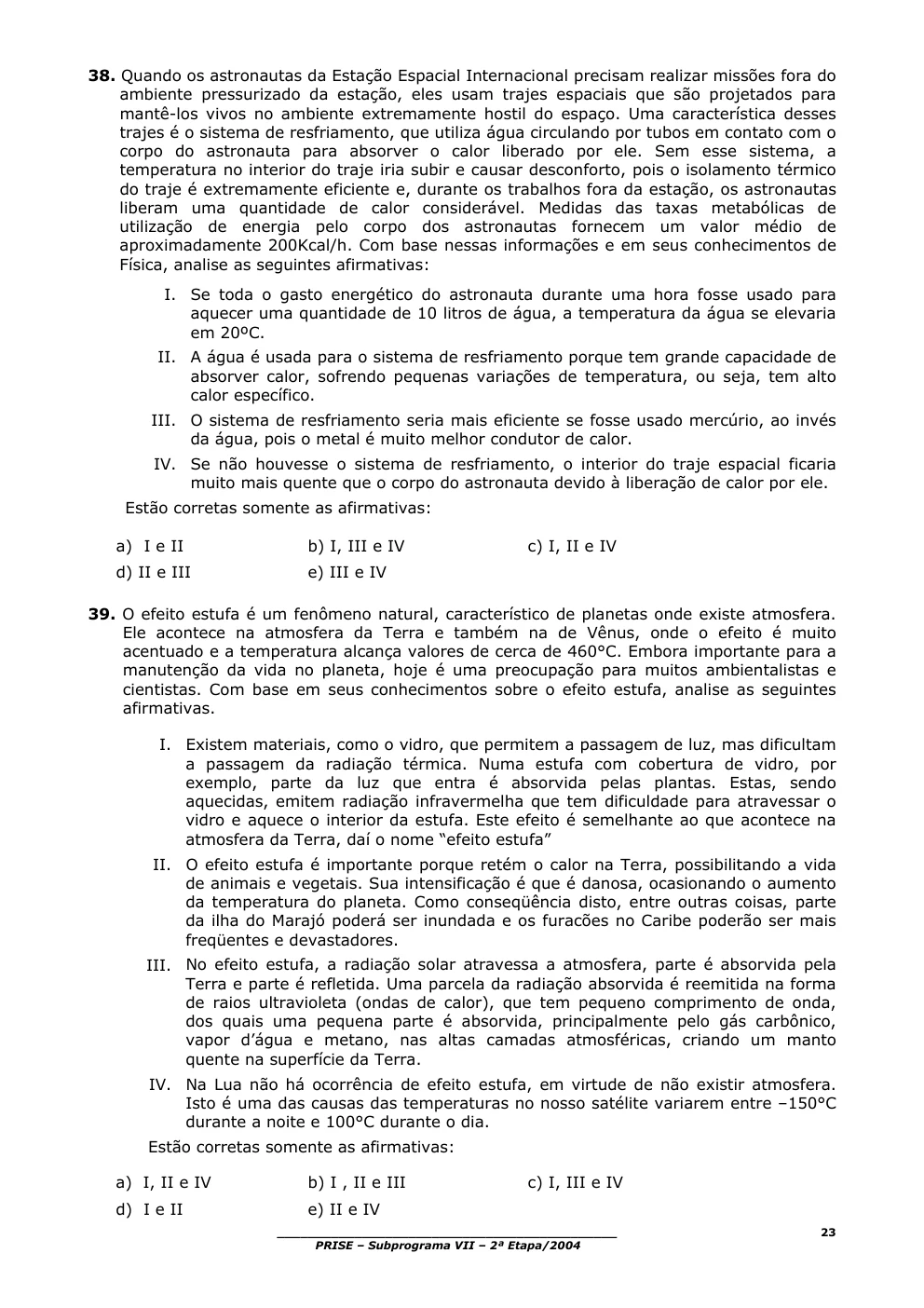 Página original 23 do PRISE VII, questões 38 e 39