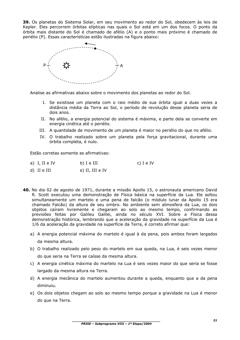 Página original 21 do PRISE VIII, questões 39 e 40