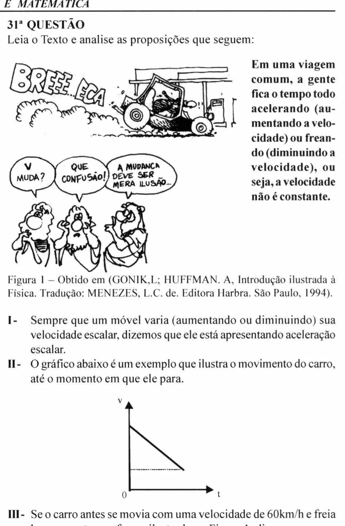 Tirinha e gráfico de velocidade em função do tempo da questão 31