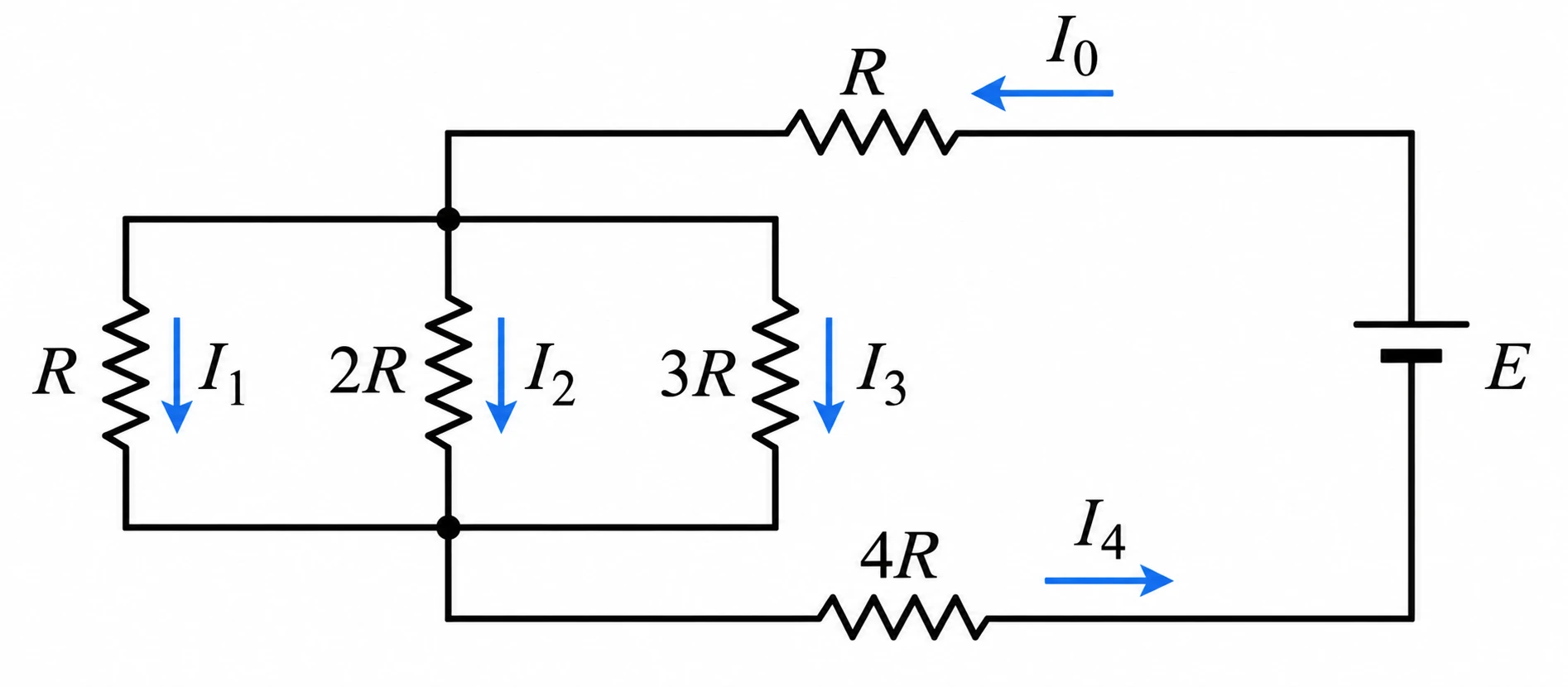 Circuito com resistores R, 2R, 3R e 4R e correntes I0 a I4