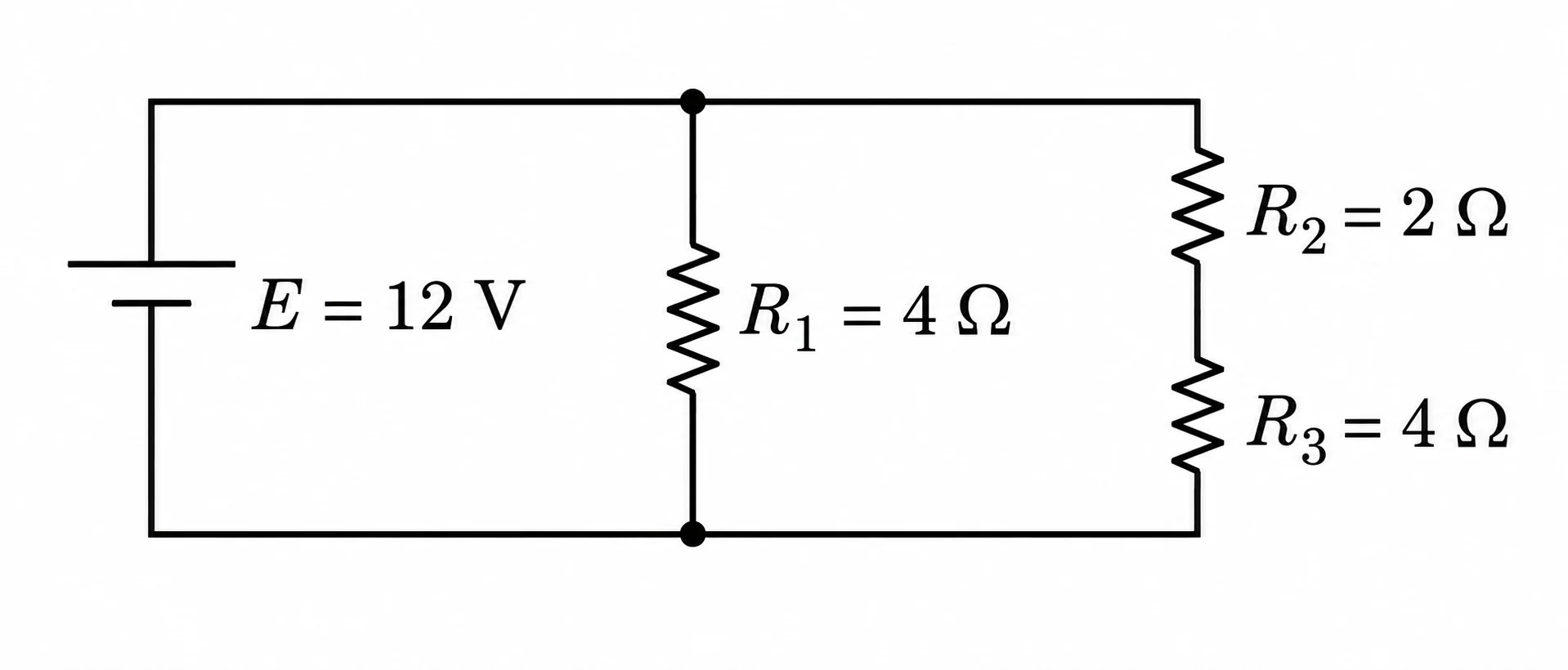Circuito elétrico com bateria de 12 V e resistores R1, R2 e R3