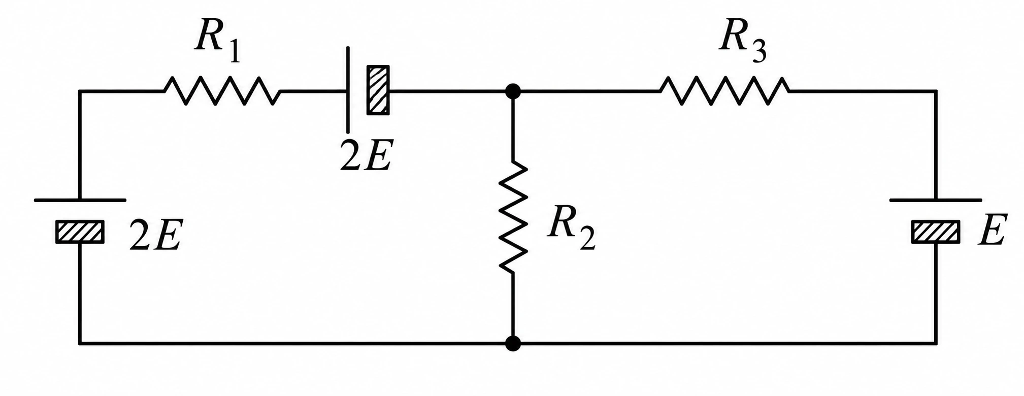 Circuito com resistores R1, R2 e R3 e fontes E e 2E