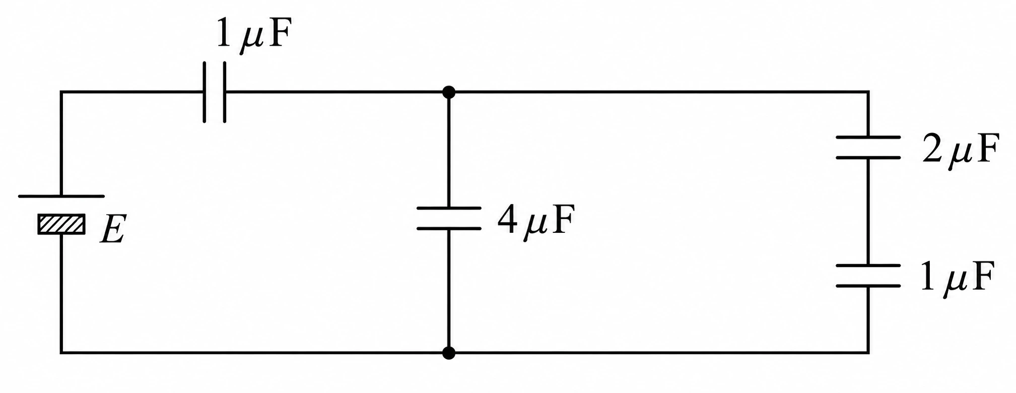 Circuito com capacitores de 1, 4, 2 e 1 microfarad