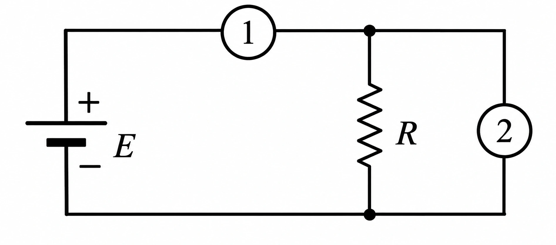 Circuito com fonte E, resistor R, instrumento 1 em série e instrumento 2 em paralelo