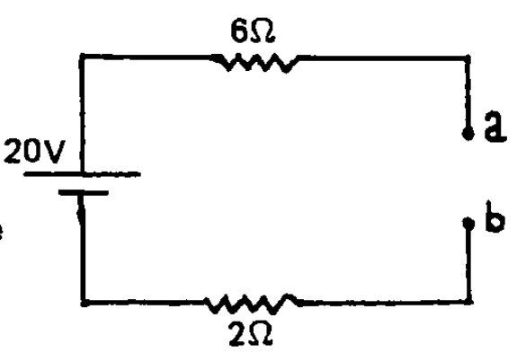 Circuito com fonte de 20 V, resistores de 6 e 2 ohms e terminais a e b