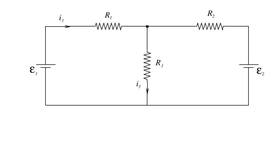 Circuito com duas fontes, resistores R1 e R2 no ramo superior e resistor R3 no ramo central