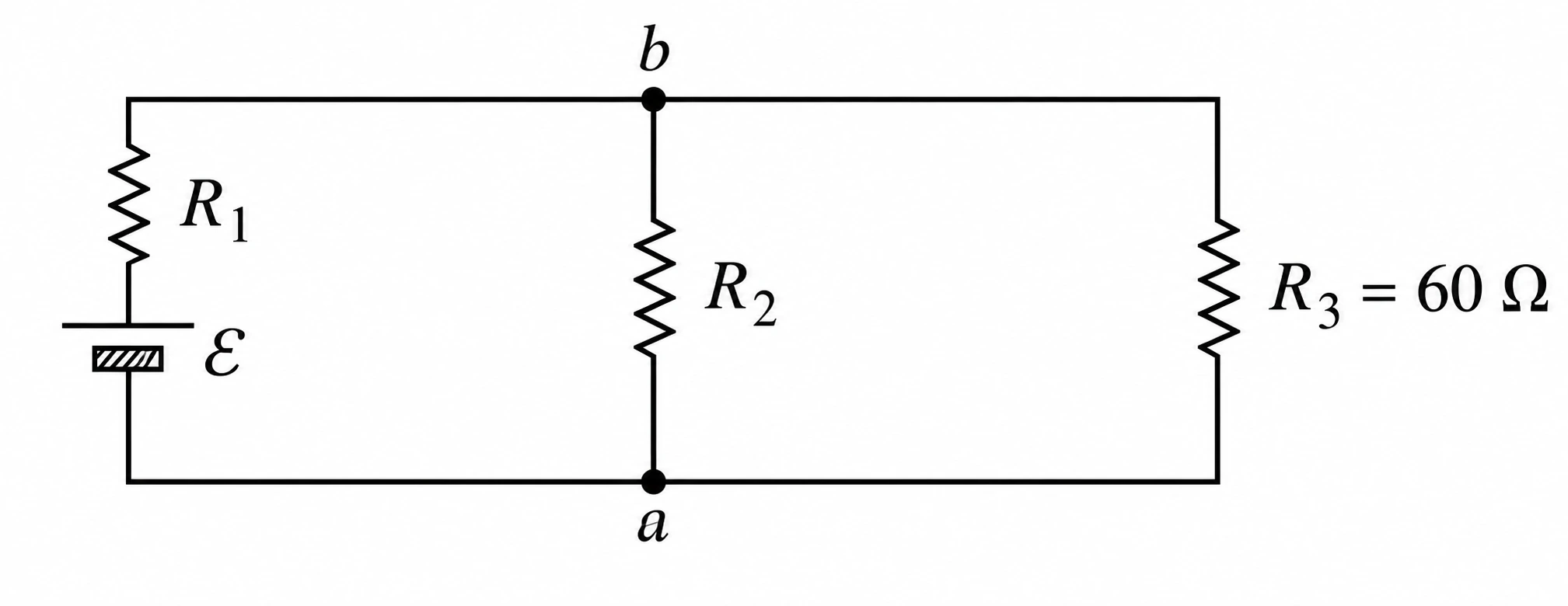 Circuito com R1, R2, R3 igual a 60 ohms e fonte E