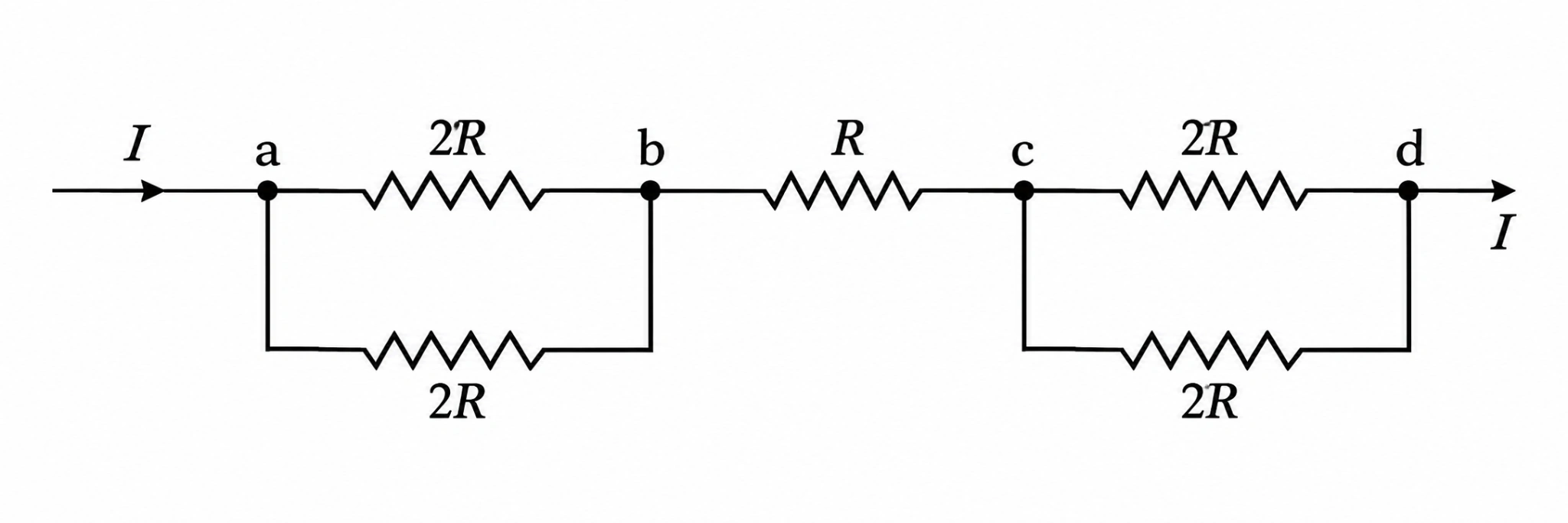 Circuito entre os pontos a, b, c e d com resistores R e 2R