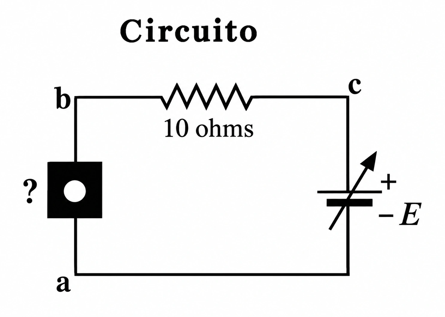 Circuito de teste e tabela com E e a ddp entre b e c
