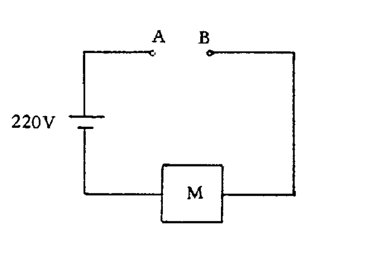 Circuito com fonte de 220 V, aparelho M e pontos A e B para inserção de resistor em série