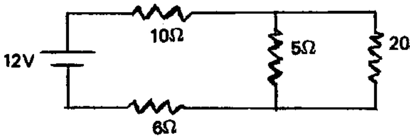 Circuito com fonte de 12 V e resistores de 10 ohms, 6 ohms, 5 ohms e 20 ohms