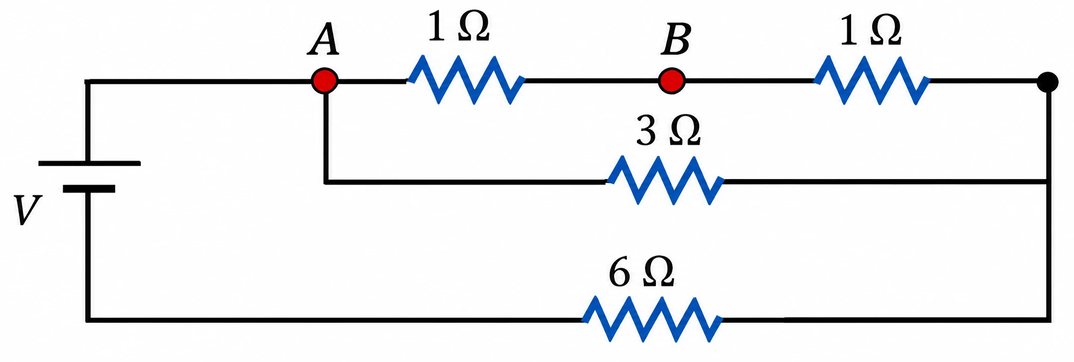 Circuito com fonte de 60 V e resistores de 1, 1, 3 e 6 ohms