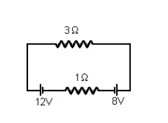 Circuito em série com resistores de 3 ohms e 1 ohm e fontes de 12 V e 8 V em oposição