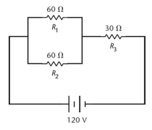 Circuito com R1 e R2 de 60 ohms em paralelo, em série com R3 de 30 ohms e bateria de 120 volts