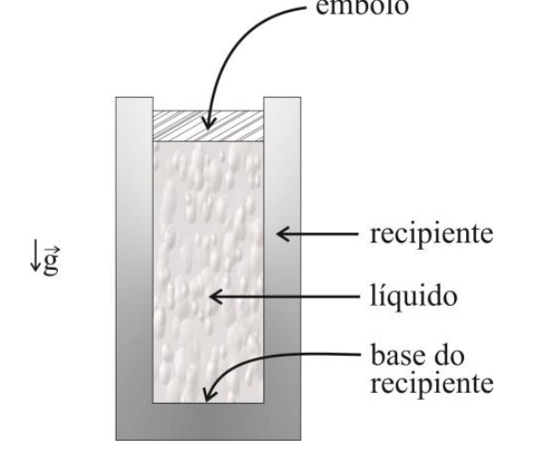 Recipiente cilíndrico com líquido e êmbolo, indicando recipiente, líquido, base e vetor gravidade.