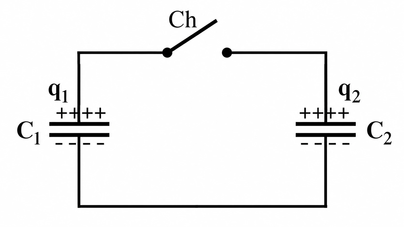 Circuito com capacitores C₁ e C₂ conectados por chave Ch