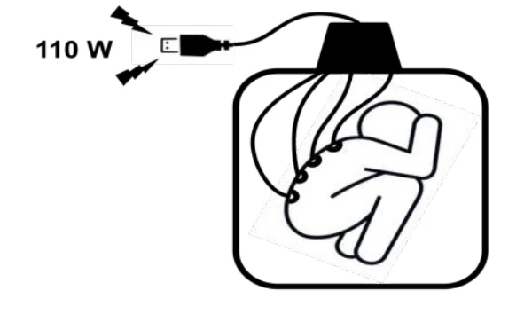 Figura 2: esquema de uma cápsula com uma pessoa em posição fetal, ligada por um cabo a uma saída de 110 W