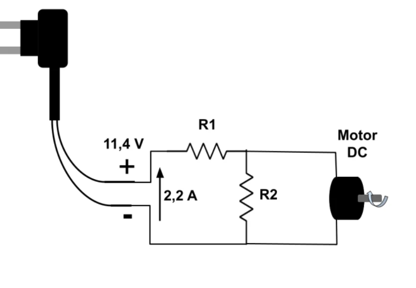 Figura 6: fonte de 11,4 V e 2,2 A ligada ao resistor R1 em série, seguido de R2 em paralelo com o motor DC