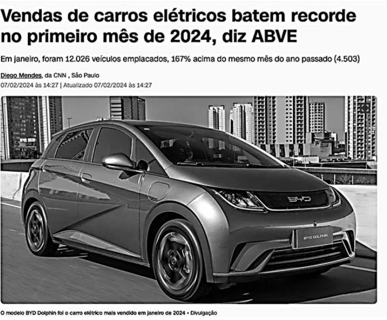 Reportagem da CNN Brasil com o título Vendas de carros elétricos batem recorde no primeiro mês de 2024, diz ABVE, e a fotografia de um carro elétrico cinza