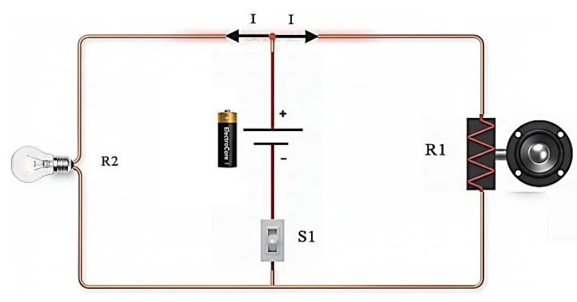 Circuito com a lâmpada R2 e o alto-falante R1 ligados em paralelo à bateria