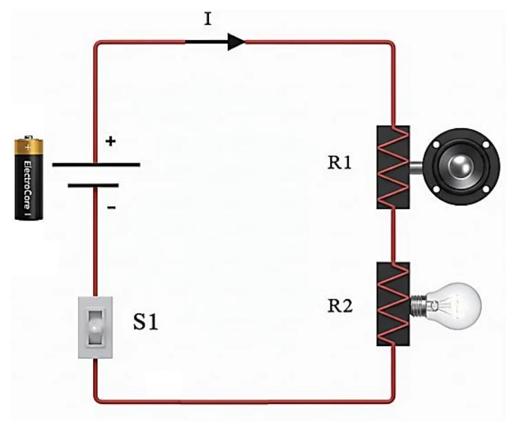 Circuito com o alto-falante R1 e a lâmpada R2 ligados em série com a bateria