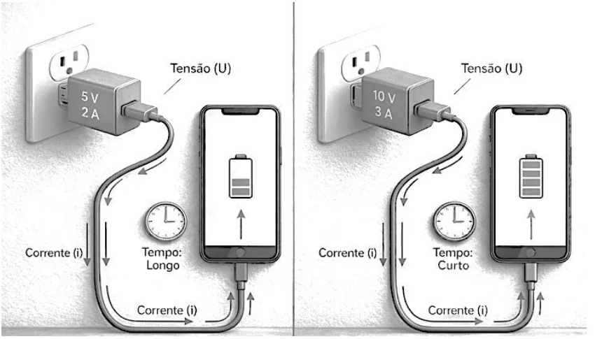 Dois carregadores ligados à tomada: o convencional, de 5 V e 2 A, com tempo longo, e o rápido, de 10 V e 3 A, com tempo curto
